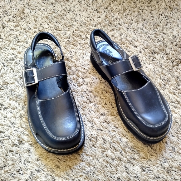 Simple Y2K Platform Black Leather Ankle Strap Clogs Sz 9,5 - Picture 2 of 7